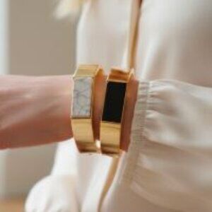 Banana Republic Brass Gold Hexagon Howlite Onyx Stone Cuff Bracelet 2 NWT 124
